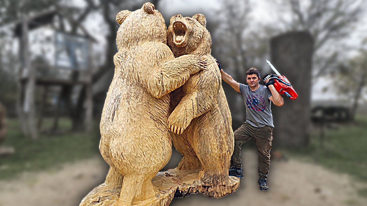 Wooden Real Size Fighting Grizzly Bears, Chainsaw Wood Carving - 1Funny.com