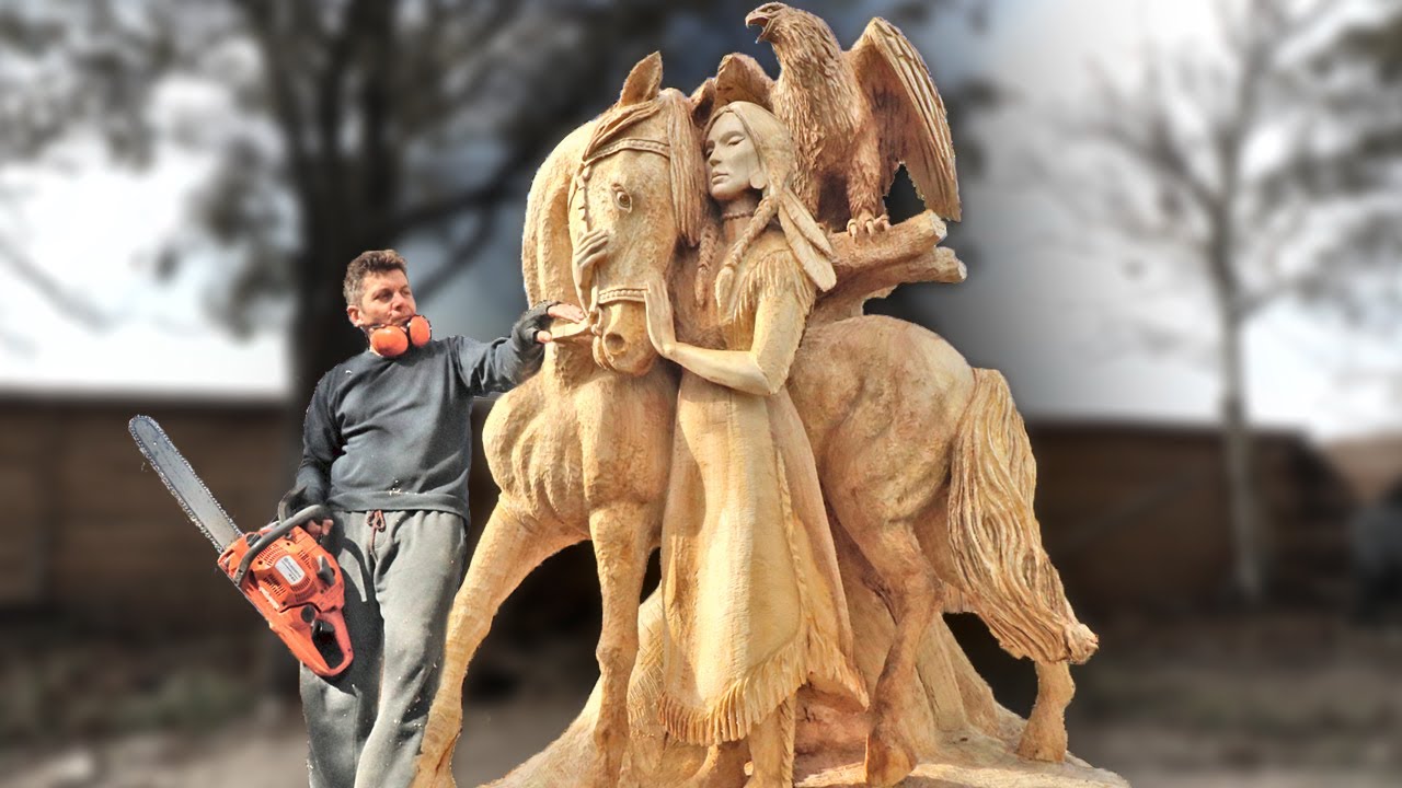 Amazing Chainsaw Wood Carving: Native American Girl With Horse and Eagle