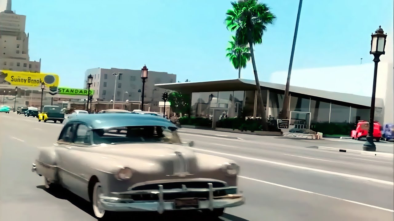 California 1950s, Driving on Wilshire Blvd (Full Color & Remastered with Sound)